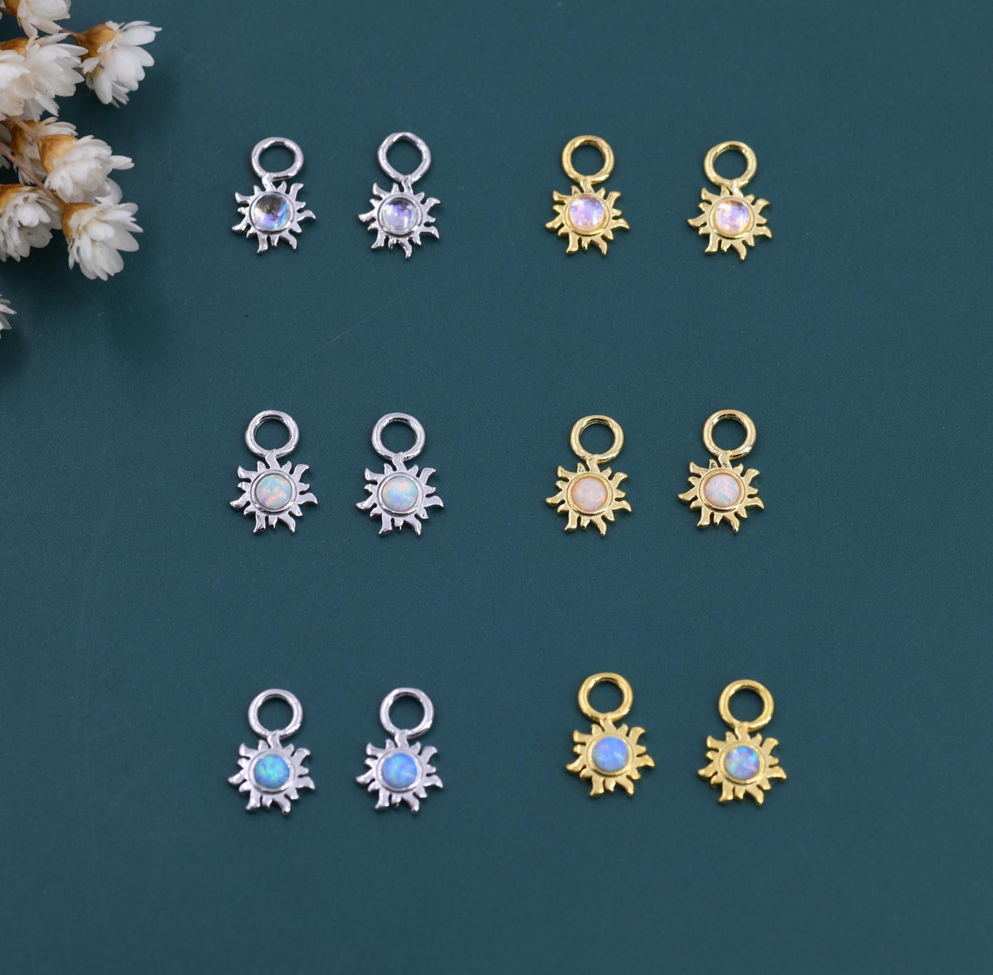 Lab Opal and Moonstone Sun Charms for Huggie Hoops in Sterling Silver, Sold as a pair, Detachable, Silver or Gold or Rose Gold Finish