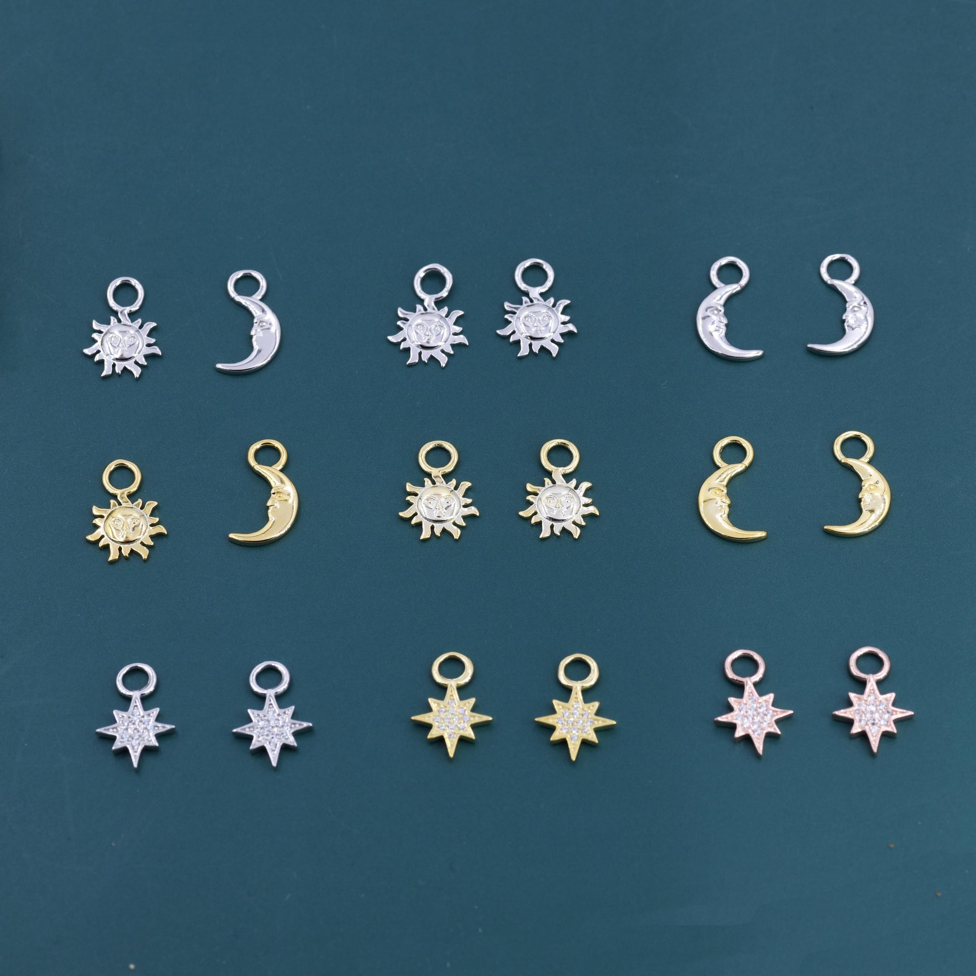 Celestial Theme Charms for Huggie Hoops in Sterling Silver, Moon and Sun Charms, Starburst Charms, Silver or Gold or Rose Gold