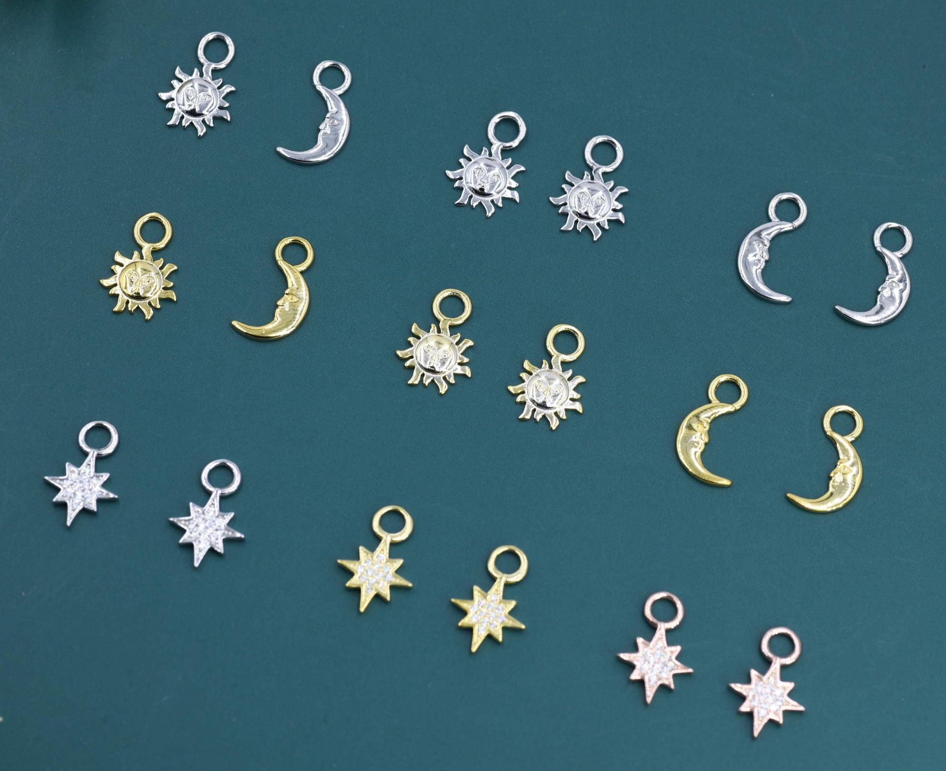 Celestial Theme Charms for Huggie Hoops in Sterling Silver, Moon and Sun Charms, Starburst Charms, Silver or Gold or Rose Gold