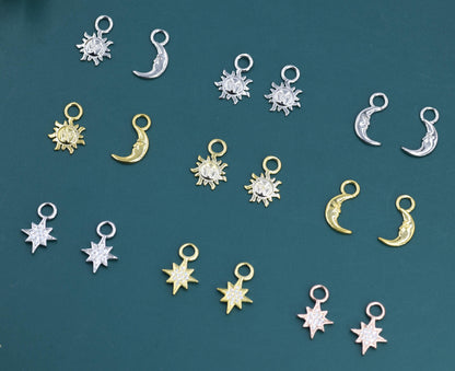 Celestial Theme Charms for Huggie Hoops in Sterling Silver, Moon and Sun Charms, Starburst Charms, Silver or Gold or Rose Gold