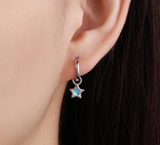 Moonstone Star Charms for Huggie Hoops in Sterling Silver, Lab Moonstone Charms for Earrings, Starburst Charms, Silver or Gold Finish