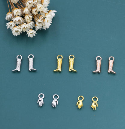 Cowboy Boot and Hand Charms for Huggie Hoops in Sterling Silver, Charms for Earrings, Silver, Gold or Rose Gold Finish