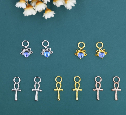 Lotus Crown Moonstone and Ankh Charms for Huggie Hoops in Sterling Silver, Charms for Earrings, Silver, Gold or Rose Gold Finish