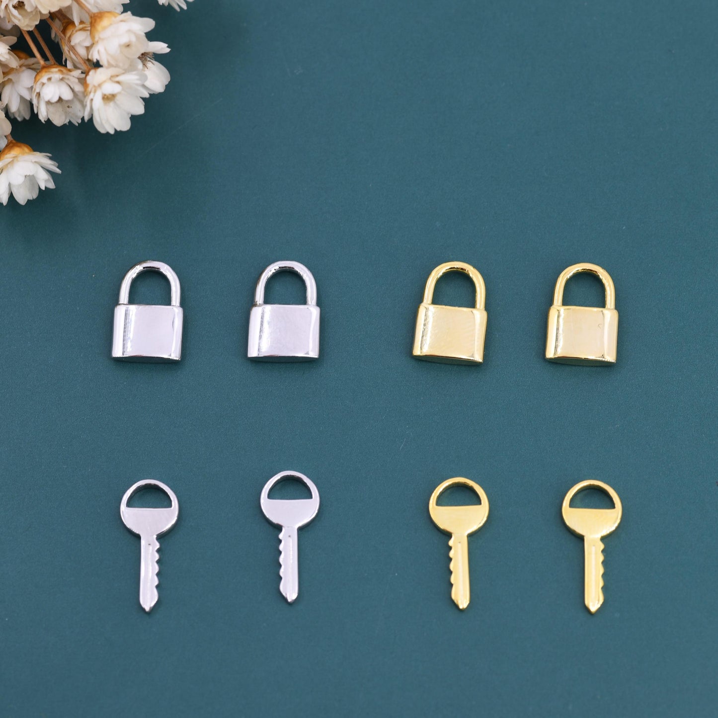 Key or Lock Charms for Huggie Hoops in Sterling Silver, Lock and Key Earring Charms, Silver or Gold Finish
