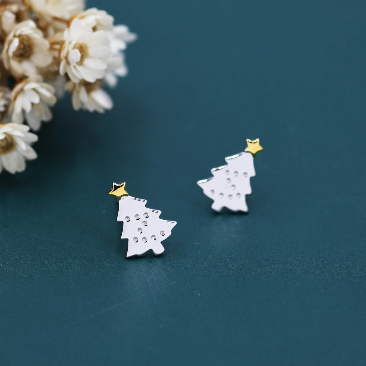 Tiny Christmas Tree Stud Earrings in Sterling Silver, Two Finishes Available, Tiny Xmas Tree Earrings, Christmas Earrings