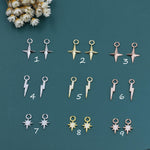 Four-Point Star, Lightning Bolt and Starburst detachable charms for huggie hoops. Sold as a pair in Silver, Gold or Rose Gold.