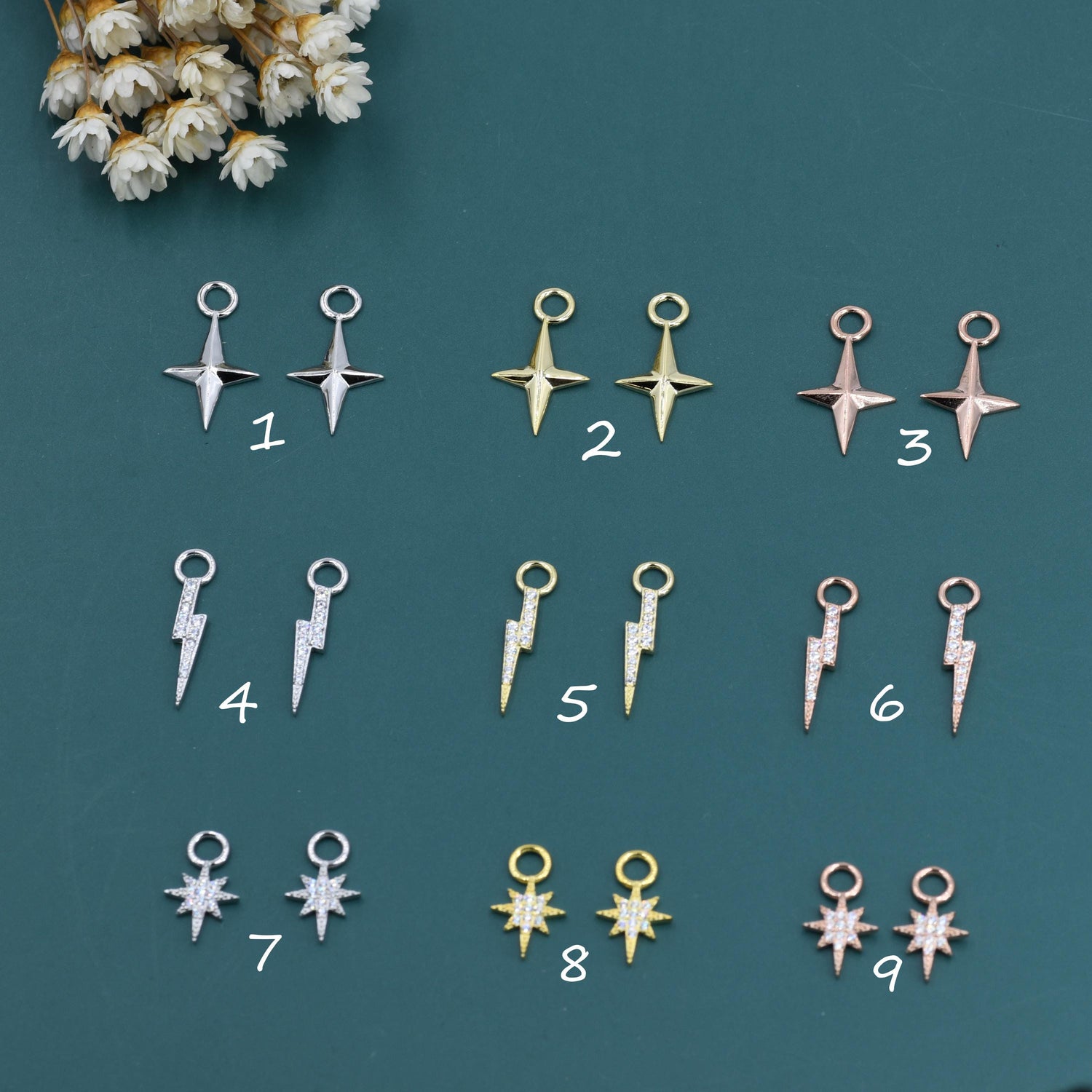 Four-Point Star, Lightning Bolt and Starburst detachable charms for huggie hoops. Sold as a pair in Silver, Gold or Rose Gold.