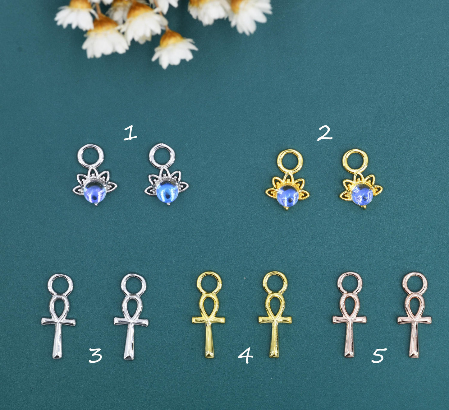 Lotus Crown Moonstone and Ankh Charms for Huggie Hoops in Sterling Silver, Charms for Earrings, Silver, Gold or Rose Gold Finish