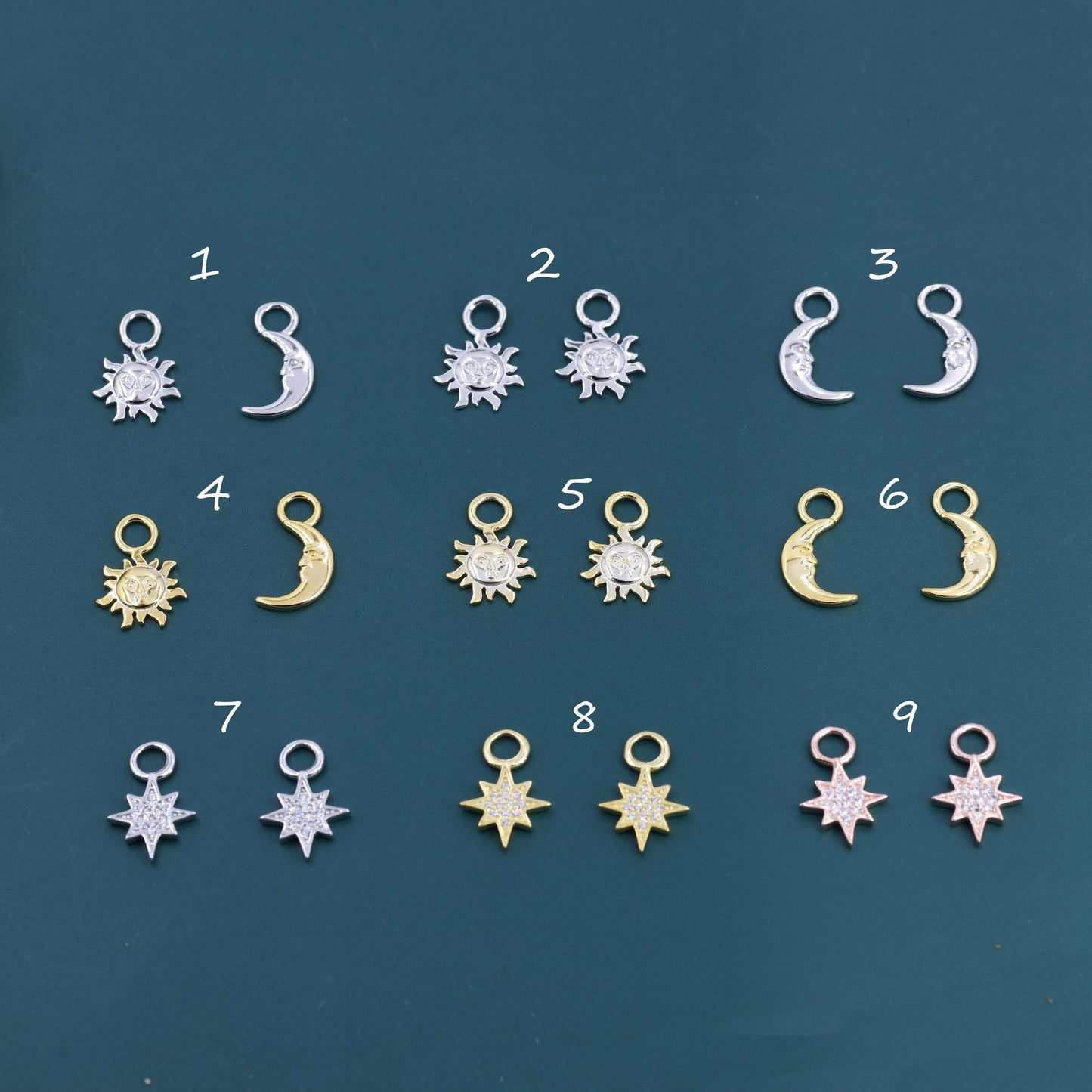 Celestial Theme Charms for Huggie Hoops in Sterling Silver, Moon and Sun Charms, Starburst Charms, Silver or Gold or Rose Gold