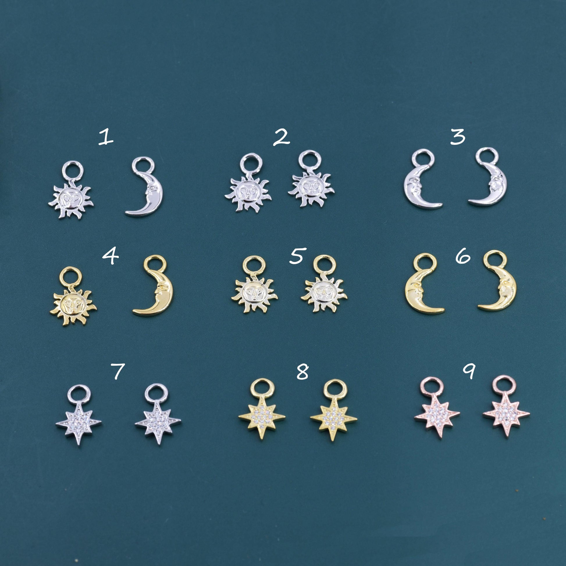 Celestial Theme Charms for Huggie Hoops in Sterling Silver, Moon and Sun Charms, Starburst Charms, Silver or Gold or Rose Gold