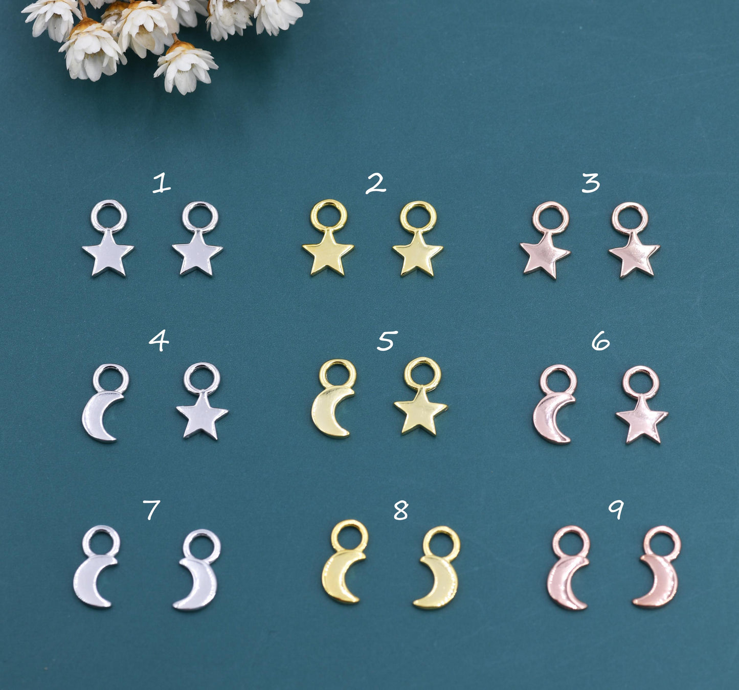 Celestial Theme Charms for Huggie Hoops in Sterling Silver, Moon and Star Charms for Earrings, Star Charms, Silver or Gold or Rose Gold