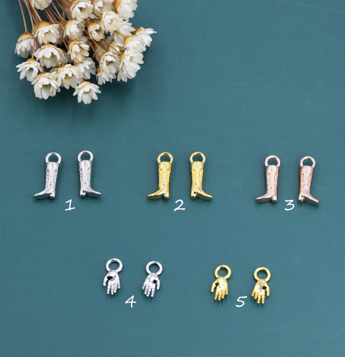 Cowboy Boot and Hand Charms for Huggie Hoops in Sterling Silver, Charms for Earrings, Silver, Gold or Rose Gold Finish
