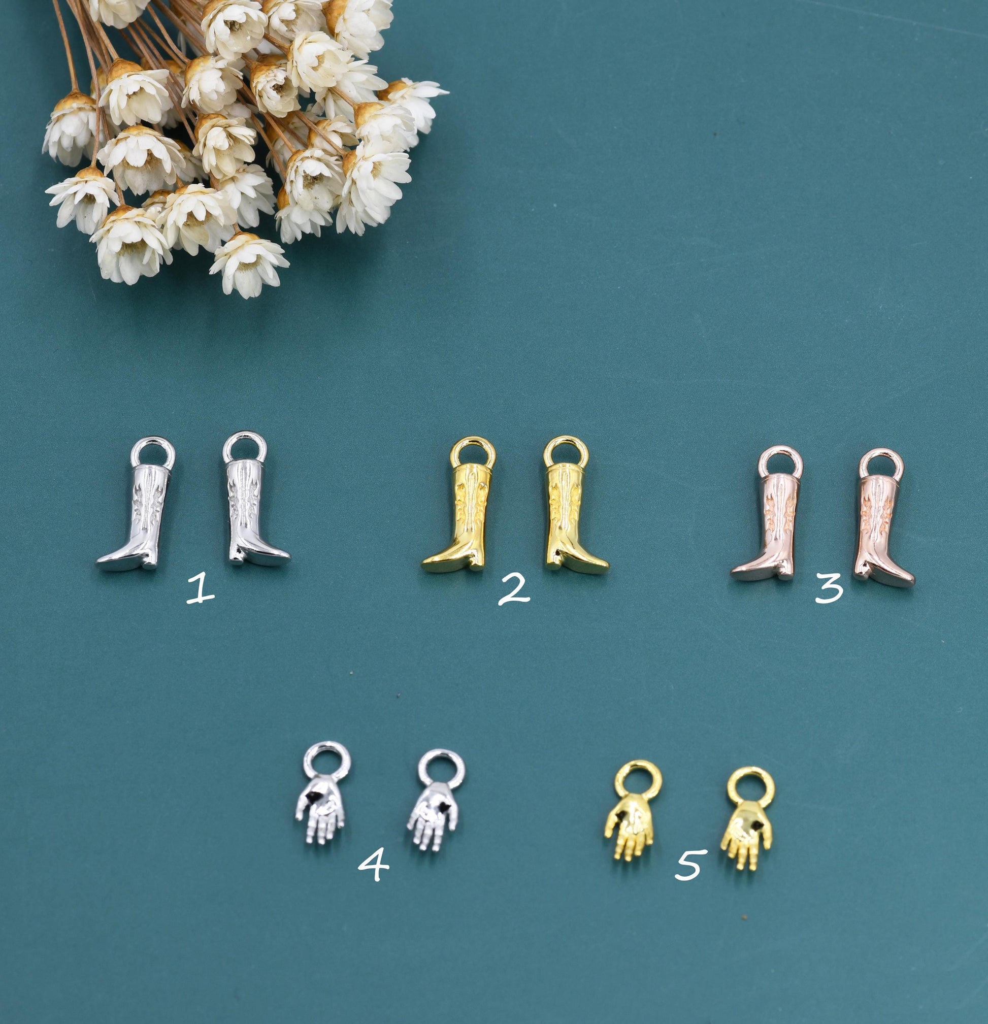 Cowboy Boot and Hand Charms for Huggie Hoops in Sterling Silver, Charms for Earrings, Silver, Gold or Rose Gold Finish