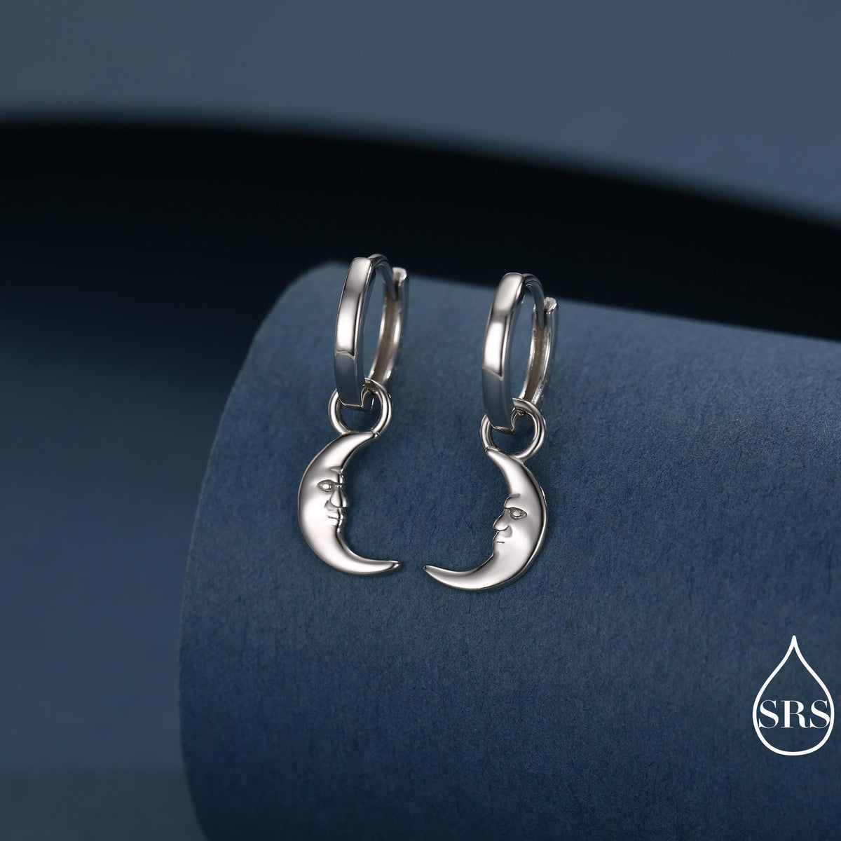 Sterling Silver Crescent Moon Face Hoop Earrings, Detachable Charm Dangle Hoop Earrings, Silver or Gold, Interchangeable Charms