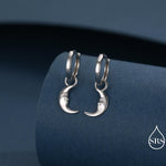 Sterling Silver Crescent Moon Face Hoop Earrings, Detachable Charm Dangle Hoop Earrings, Silver or Gold, Interchangeable Charms