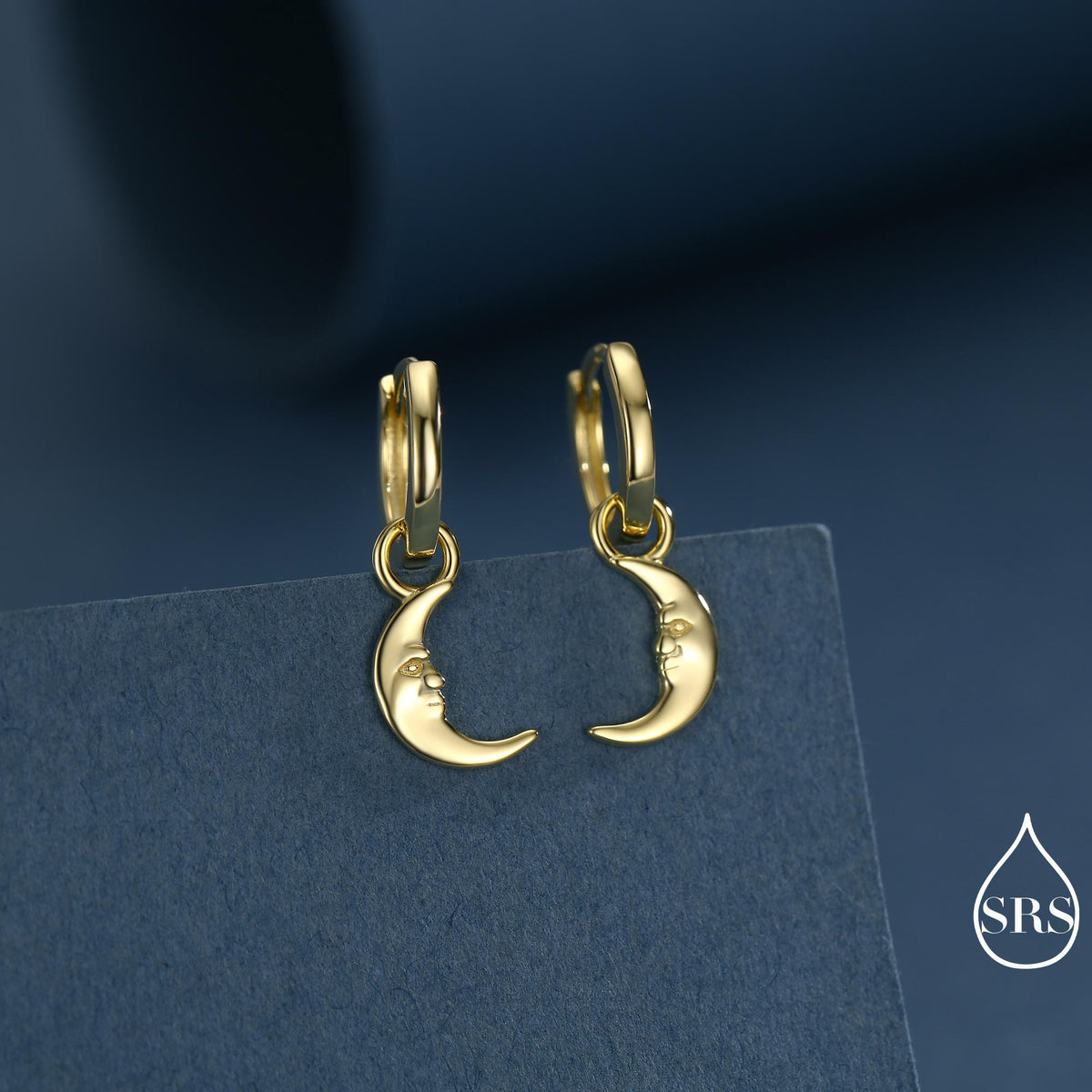 Sterling Silver Crescent Moon Face Hoop Earrings, Detachable Charm Dangle Hoop Earrings, Silver or Gold, Interchangeable Charms