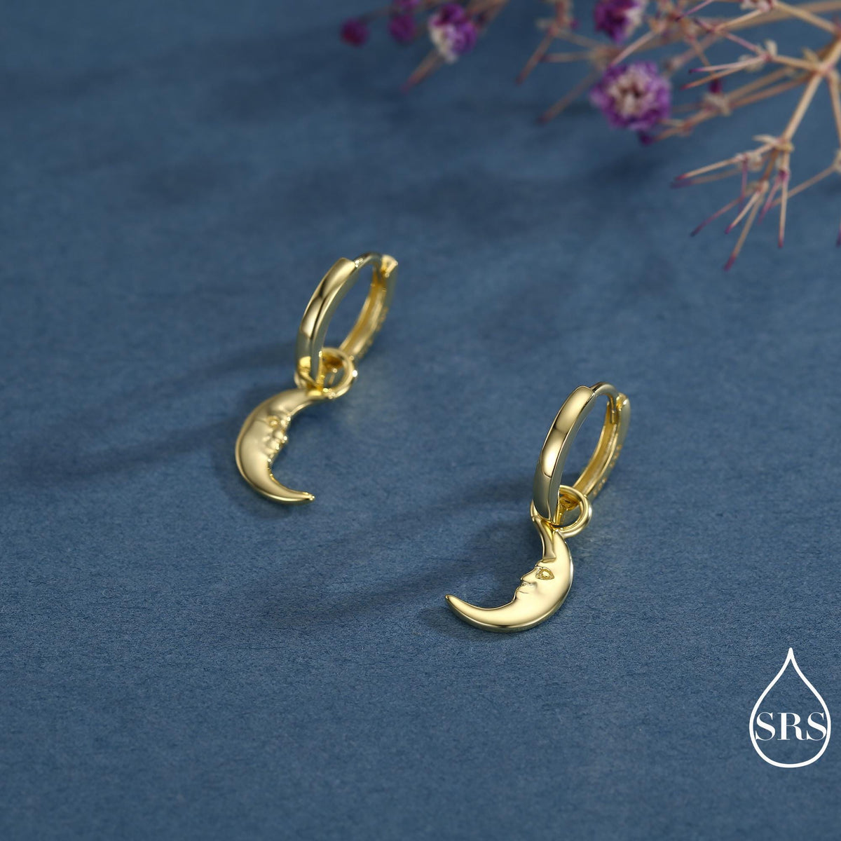 Sterling Silver Crescent Moon Face Hoop Earrings, Detachable Charm Dangle Hoop Earrings, Silver or Gold, Interchangeable Charms