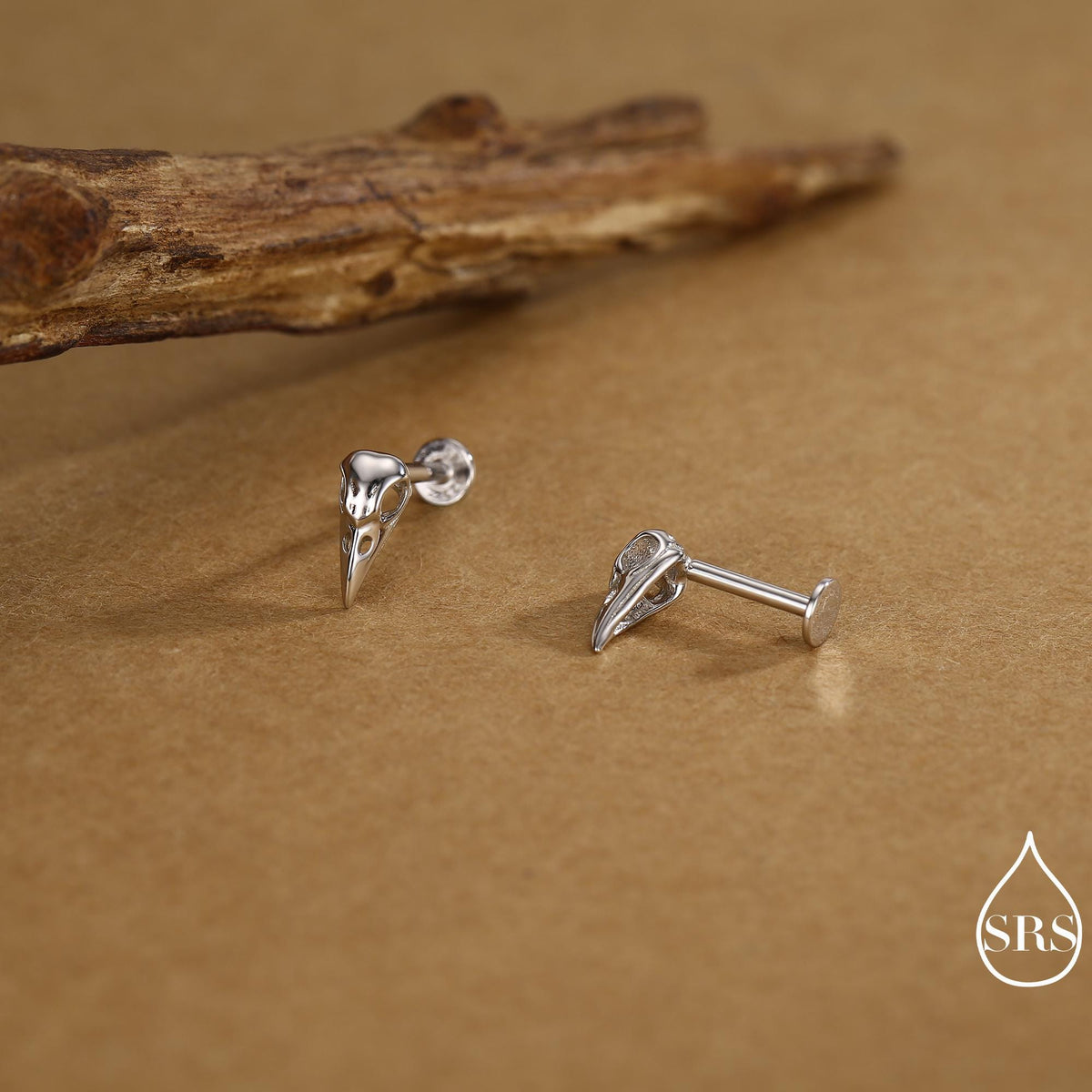 Sterling Silver Bird Skull Internally Threaded Flat Back Earrings, Silver, Gold or Rose Gold, Bird Skeleton Earrings