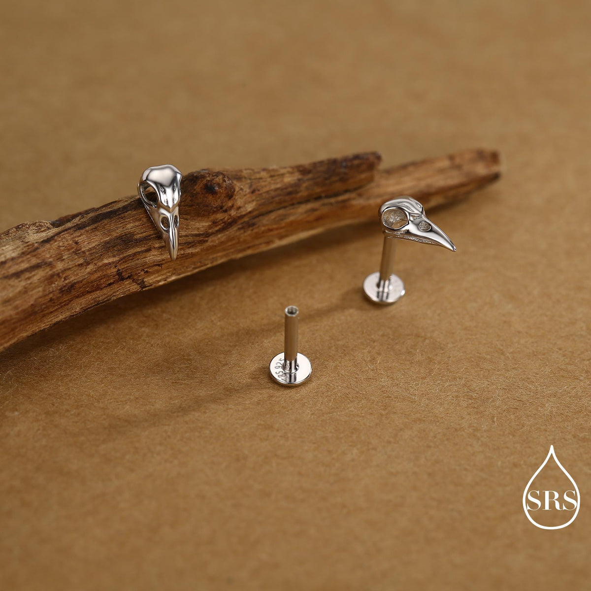 Sterling Silver Bird Skull Internally Threaded Flat Back Earrings, Silver, Gold or Rose Gold, Bird Skeleton Earrings