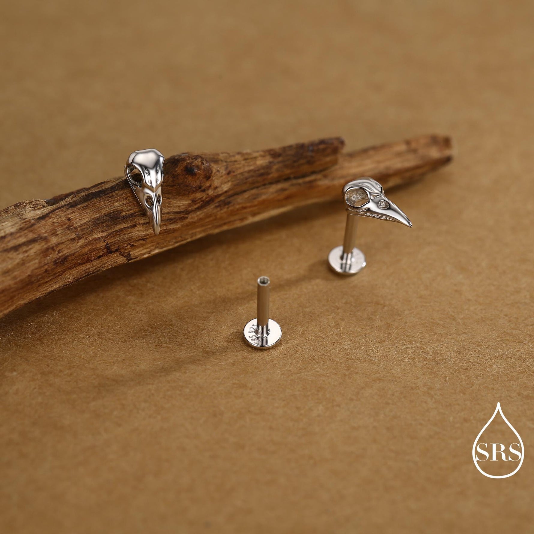 Sterling Silver Bird Skull Internally Threaded Flat Back Earrings, Silver, Gold or Rose Gold, Bird Skeleton Earrings