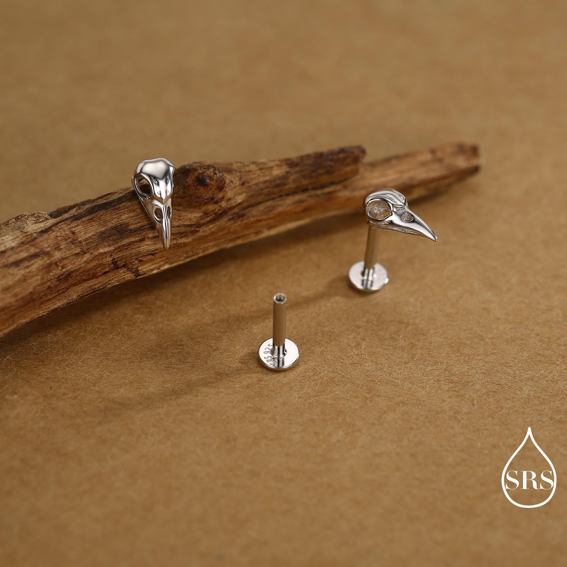 Sterling Silver Bird Skull Screw Back / Stud Earrings, Silver, Gold or Rose Gold, Bird Skeleton Earrings in Sterling Silver