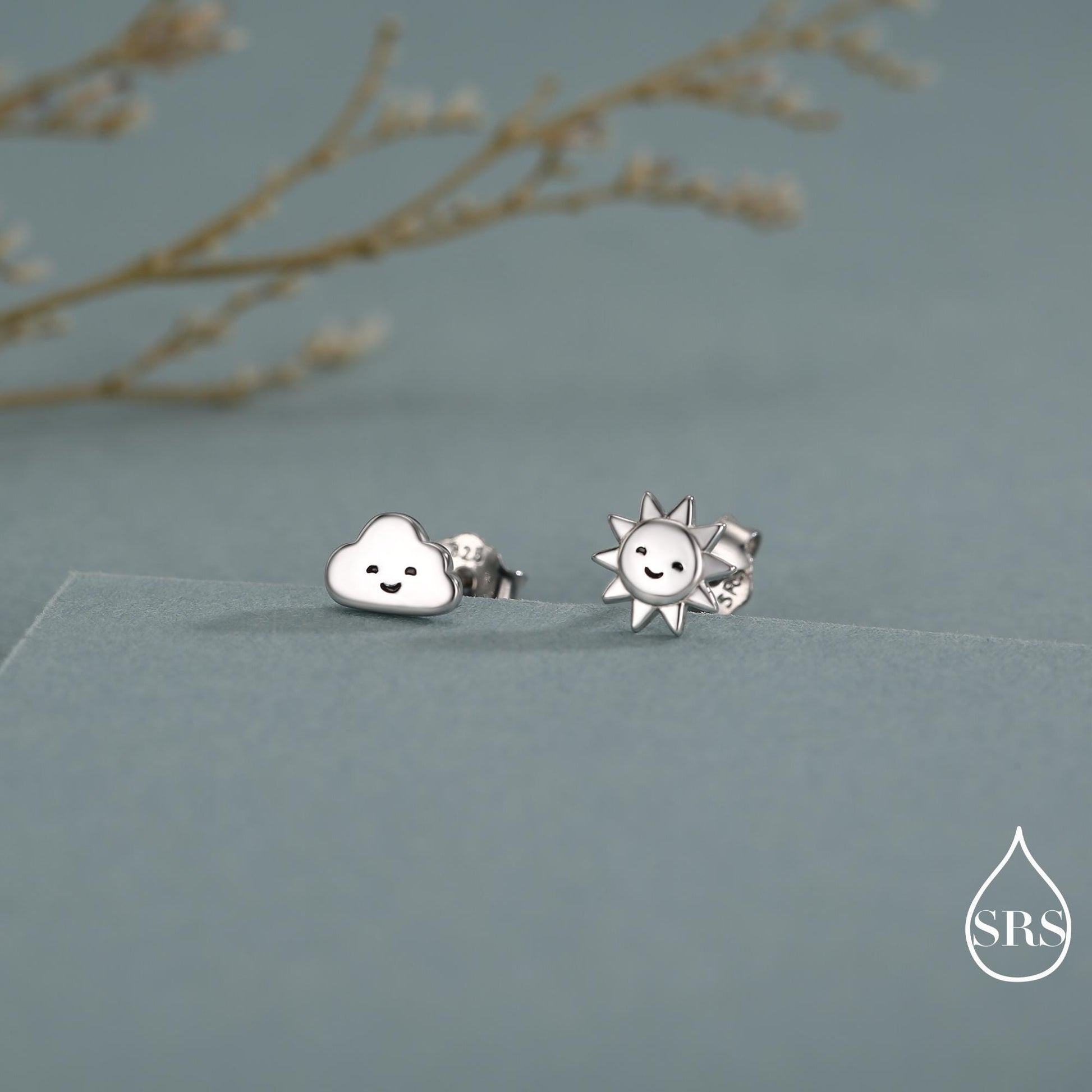 Tiny Mismatched Sun and Cloud Stud Earrings in Sterling Silver, Silver Gold or Rose Gold Finish, Sun Earrings, Celestial Earrings