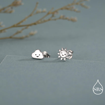 Tiny Mismatched Sun and Cloud Stud Earrings in Sterling Silver, Silver Gold or Rose Gold Finish, Sun Earrings, Celestial Earrings