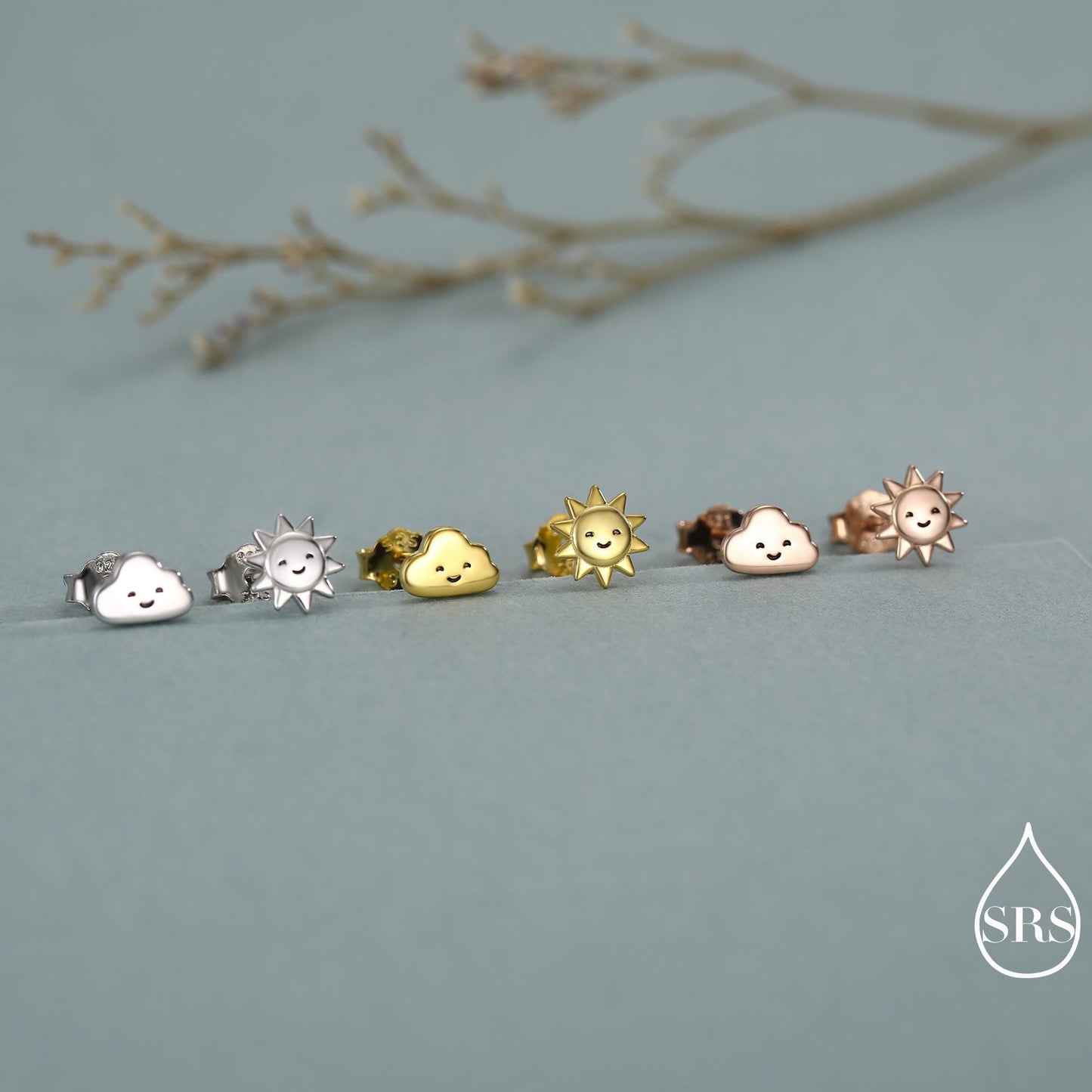 Tiny Mismatched Sun and Cloud Stud Earrings in Sterling Silver, Silver Gold or Rose Gold Finish, Sun Earrings, Celestial Earrings