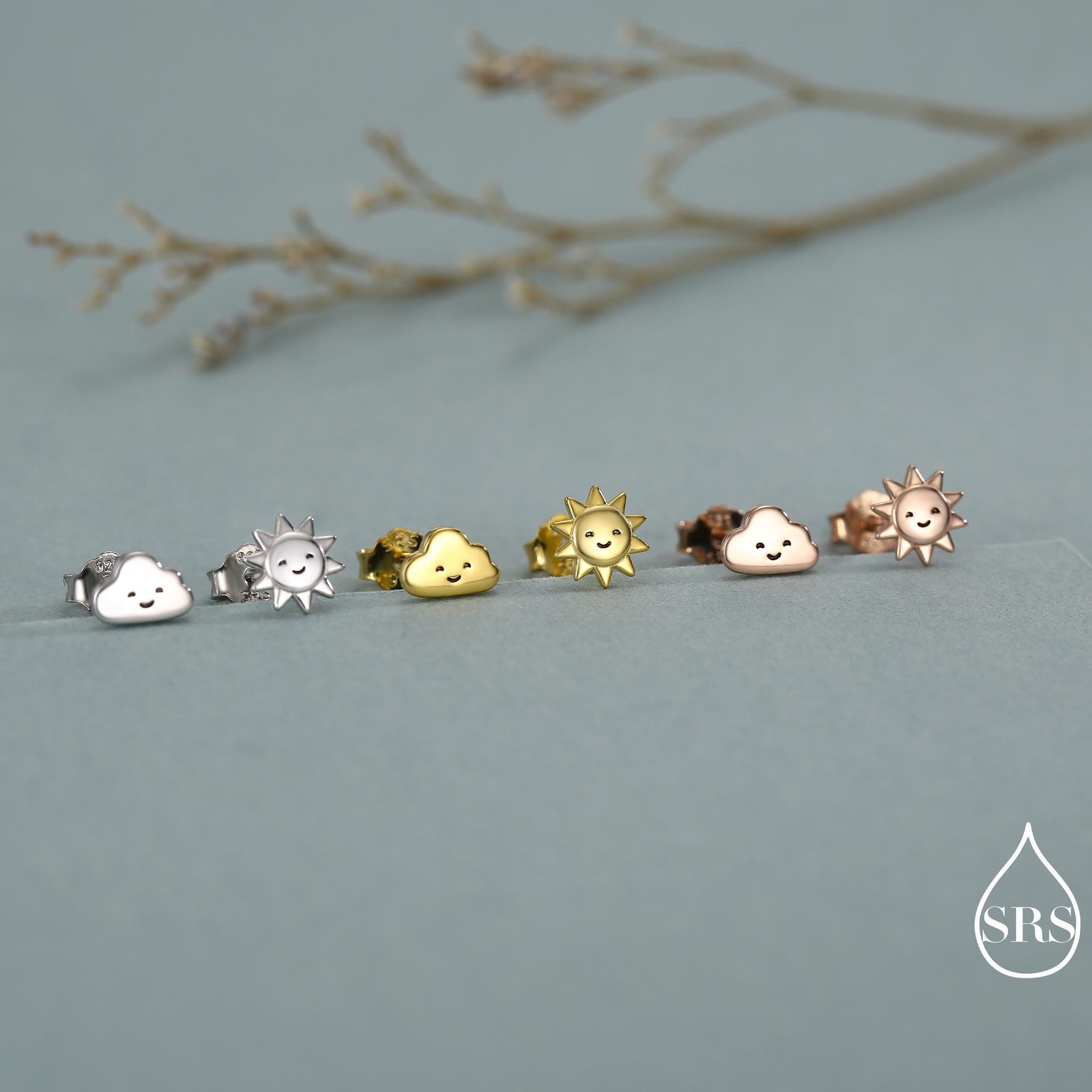 Tiny Mismatched Sun and Cloud Stud Earrings in Sterling Silver, Silver Gold or Rose Gold Finish, Sun Earrings, Celestial Earrings