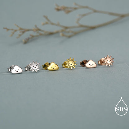 Tiny Mismatched Sun and Cloud Stud Earrings in Sterling Silver, Silver Gold or Rose Gold Finish, Sun Earrings, Celestial Earrings