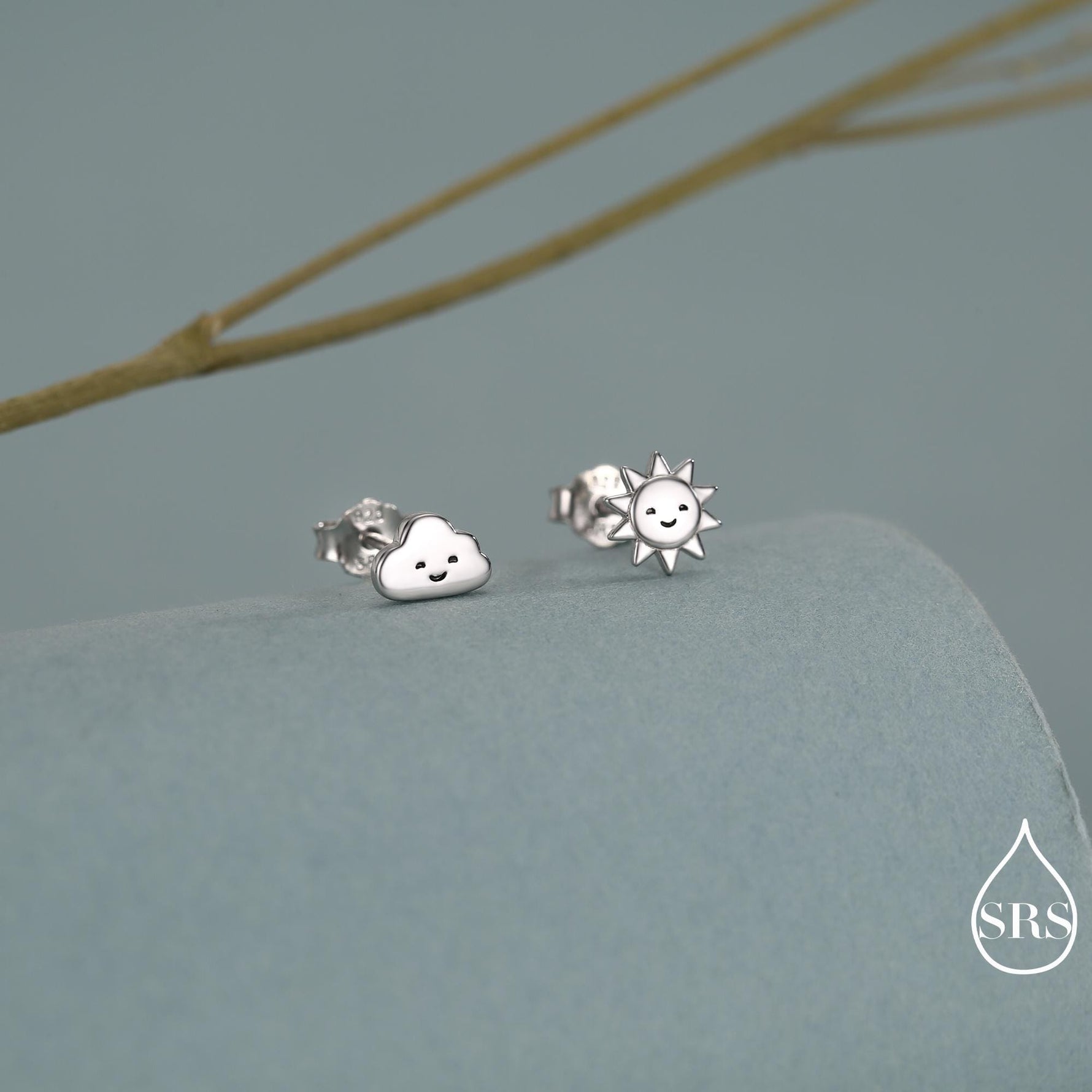 Tiny Mismatched Sun and Cloud Stud Earrings in Sterling Silver, Silver Gold or Rose Gold Finish, Sun Earrings, Celestial Earrings
