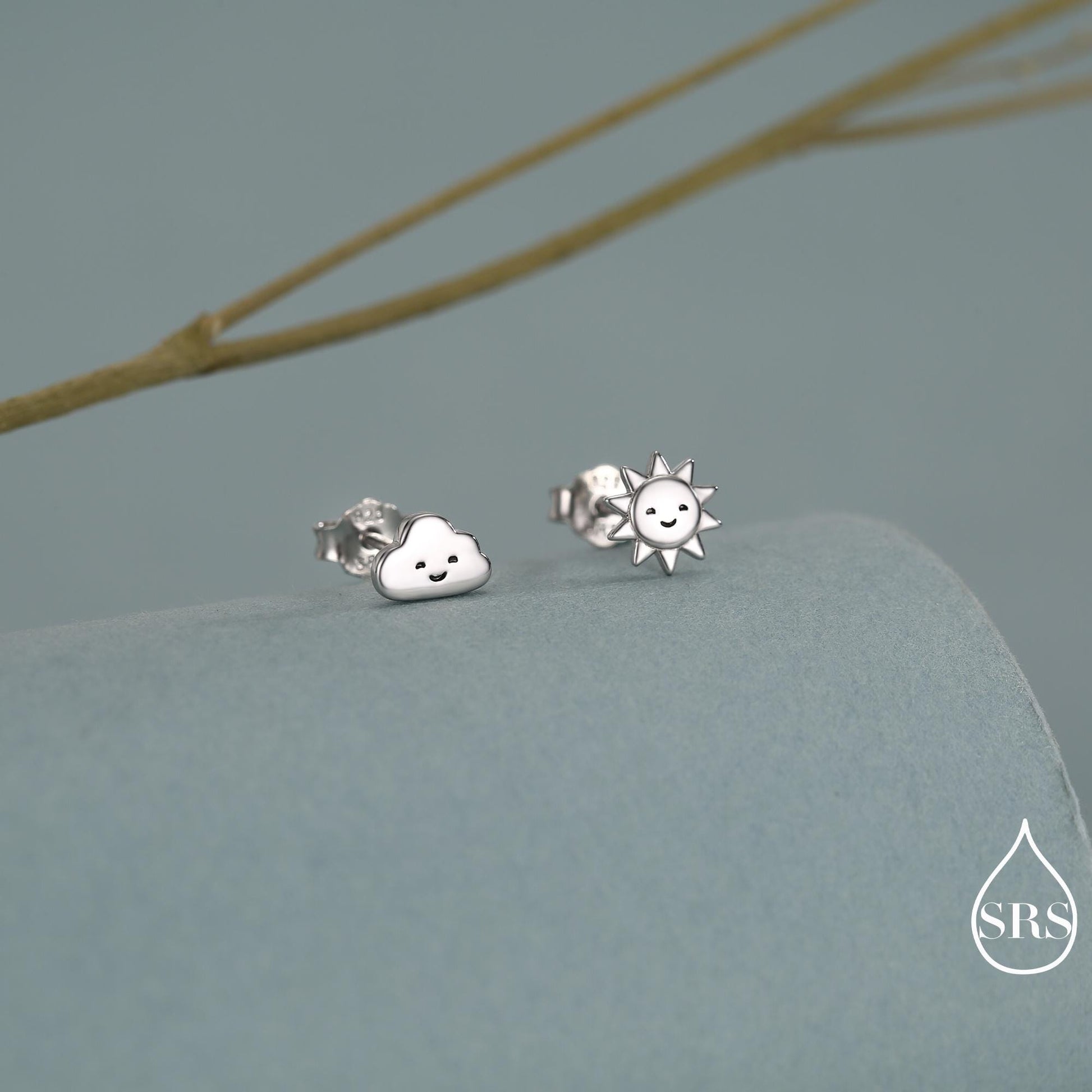 Tiny Mismatched Sun and Cloud Stud Earrings in Sterling Silver, Silver Gold or Rose Gold Finish, Sun Earrings, Celestial Earrings