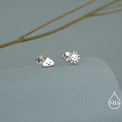 Tiny Mismatched Sun and Cloud Stud Earrings in Sterling Silver, Silver Gold or Rose Gold Finish, Sun Earrings, Celestial Earrings