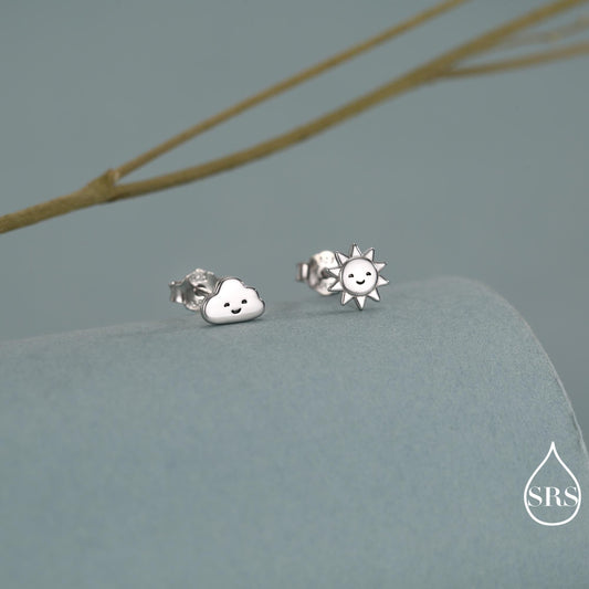 Tiny Mismatched Sun and Cloud Stud Earrings in Sterling Silver, Silver Gold or Rose Gold Finish, Sun Earrings, Celestial Earrings