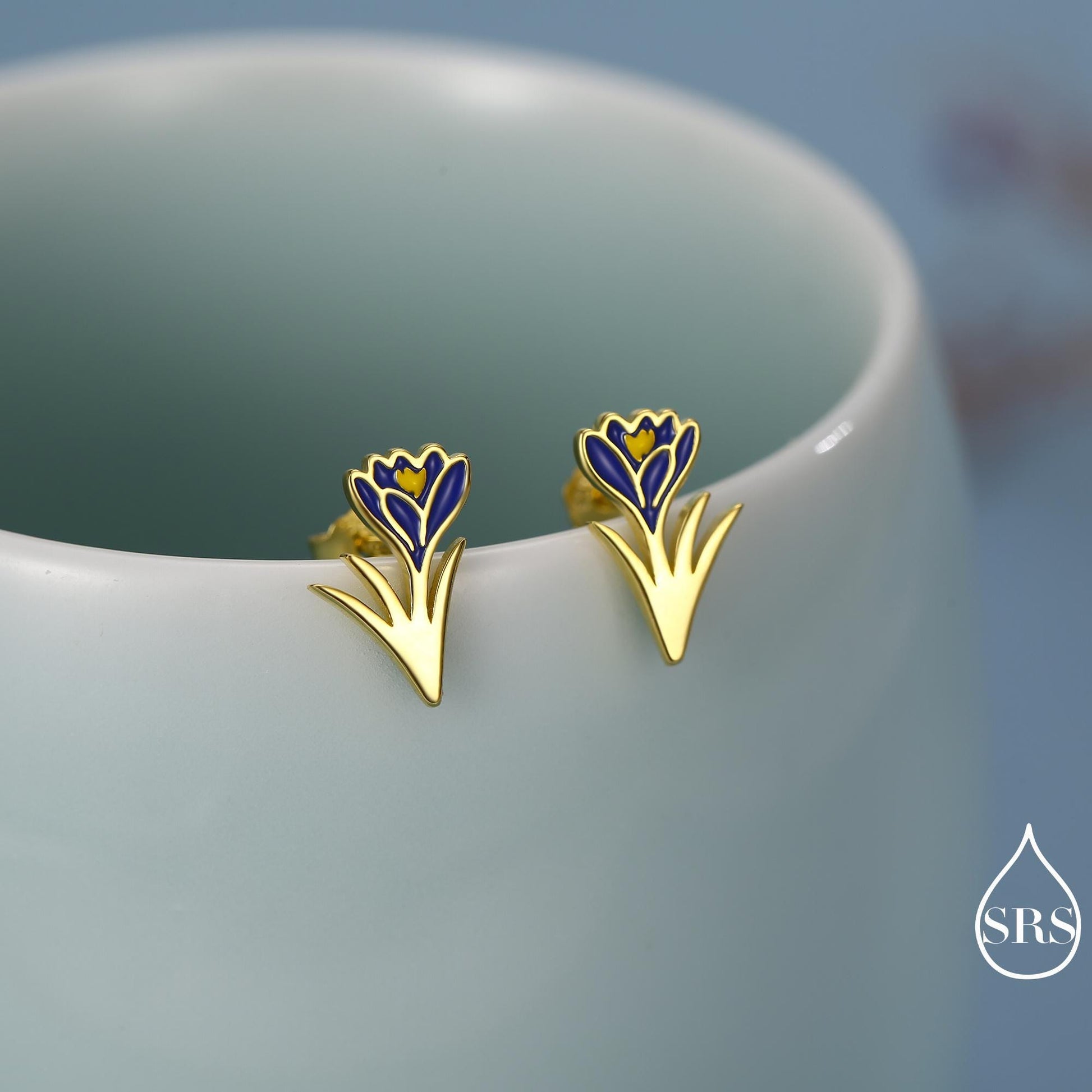 Blue Crocus Flower Stud Earrings in Sterling Silver - Enamel Floral Mini Studs - Spring Blossom Jewellery