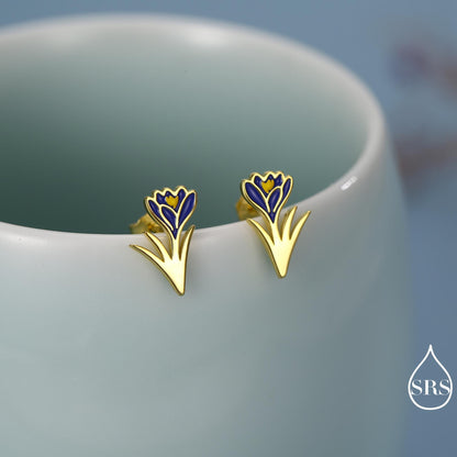 Blue Crocus Flower Stud Earrings in Sterling Silver - Enamel Floral Mini Studs - Spring Blossom Jewellery