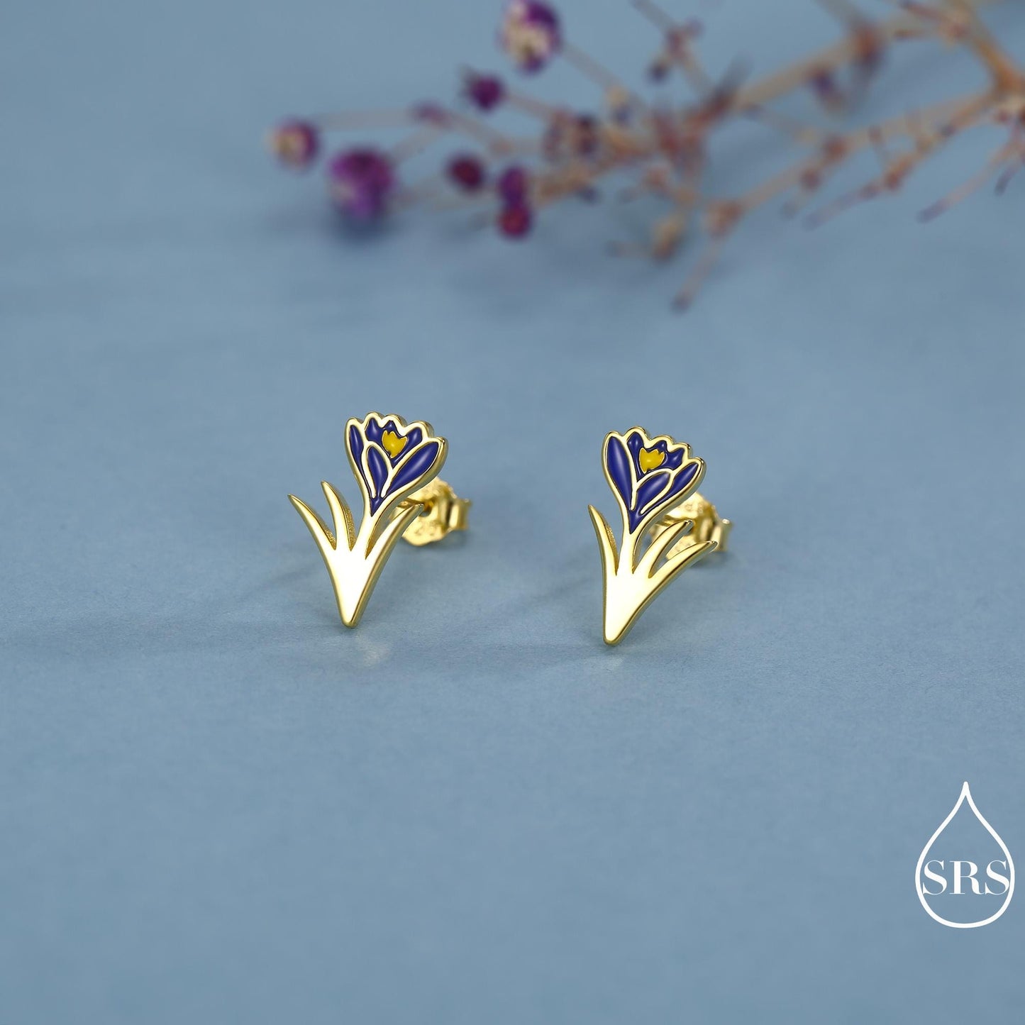 Blue Crocus Flower Stud Earrings in Sterling Silver - Enamel Floral Mini Studs - Spring Blossom Jewellery