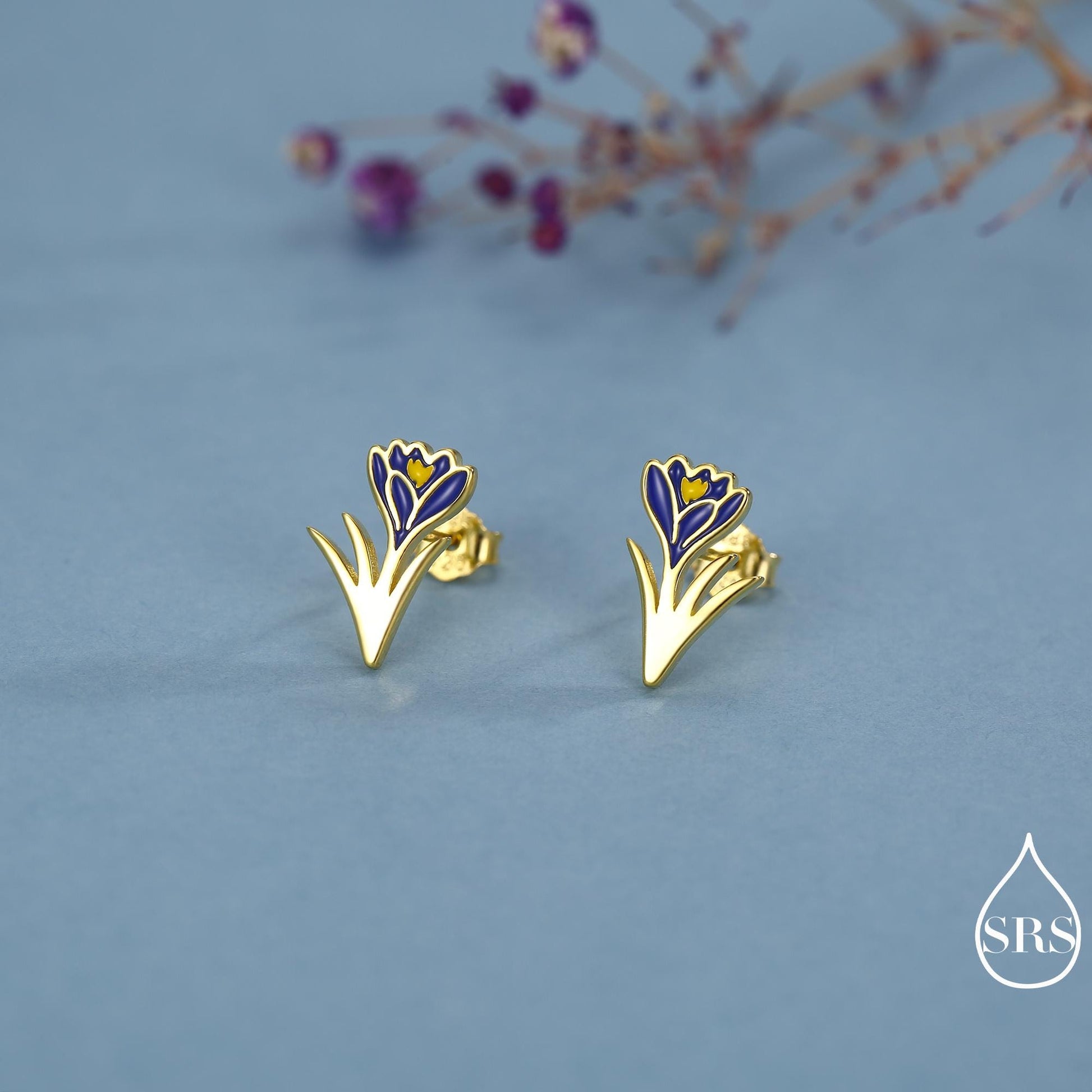 Blue Crocus Flower Stud Earrings in Sterling Silver - Enamel Floral Mini Studs - Spring Blossom Jewellery