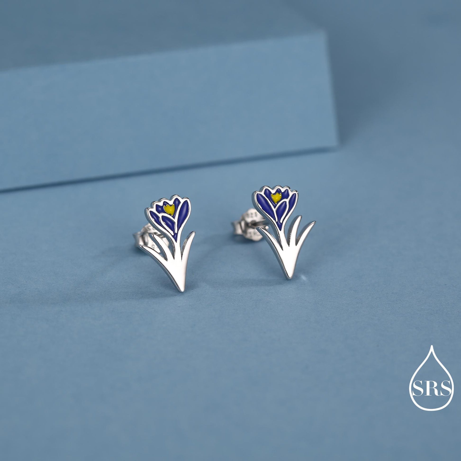 Blue Crocus Flower Stud Earrings in Sterling Silver - Enamel Floral Mini Studs - Spring Blossom Jewellery