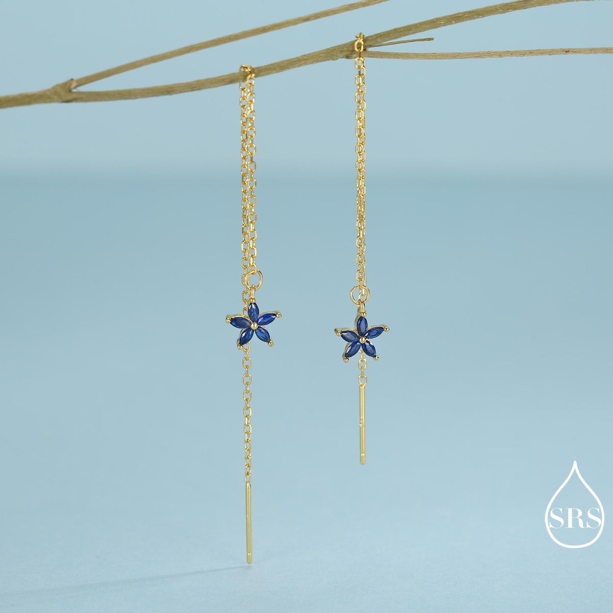 Sapphire Blue CZ Flower Threader Earrings in Sterling Silver, Silver or Gold, Forget-me-not Floral Ear Threaders, Sparkly CZ Threaders
