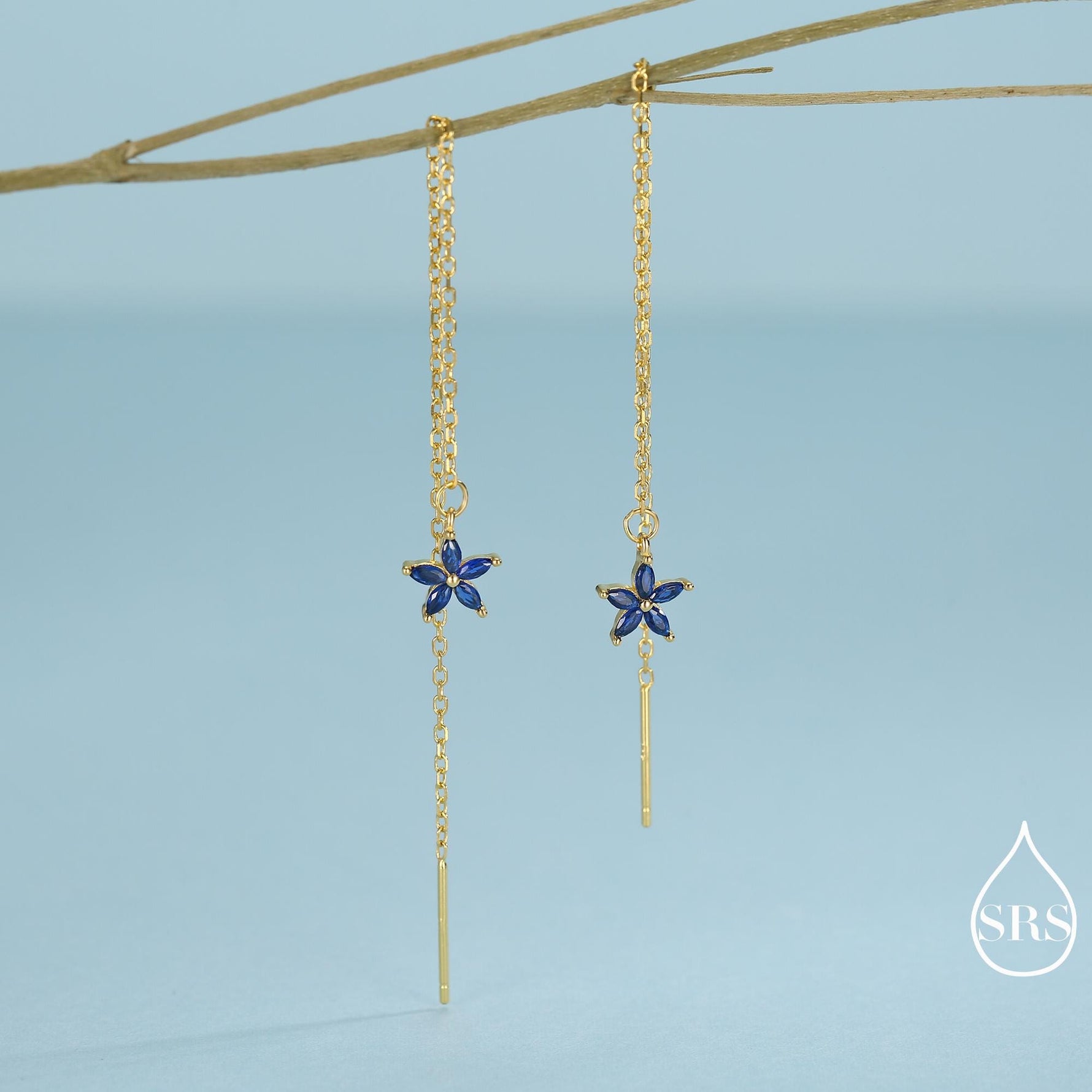 Sapphire Blue CZ Flower Threader Earrings in Sterling Silver, Silver or Gold, Forget-me-not Floral Ear Threaders, Sparkly CZ Threaders