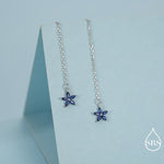 Sapphire Blue CZ Flower Threader Earrings in Sterling Silver, Silver or Gold, Forget-me-not Floral Ear Threaders, Sparkly CZ Threaders