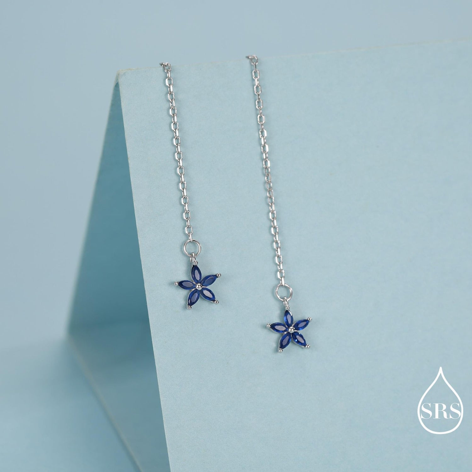 Sapphire Blue CZ Flower Threader Earrings in Sterling Silver, Silver or Gold, Forget-me-not Floral Ear Threaders, Sparkly CZ Threaders