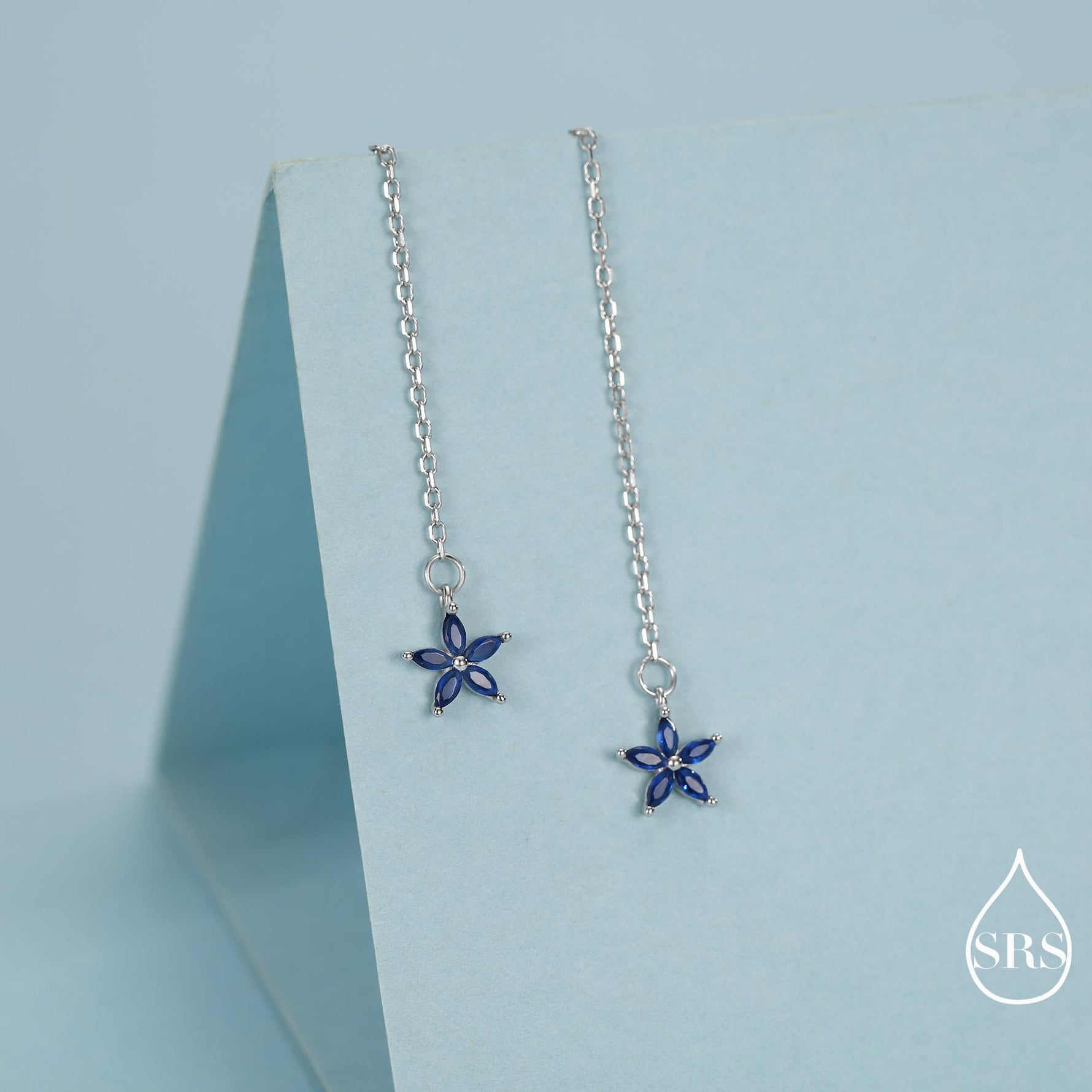 Sapphire Blue CZ Flower Threader Earrings in Sterling Silver, Silver or Gold, Forget-me-not Floral Ear Threaders, Sparkly CZ Threaders