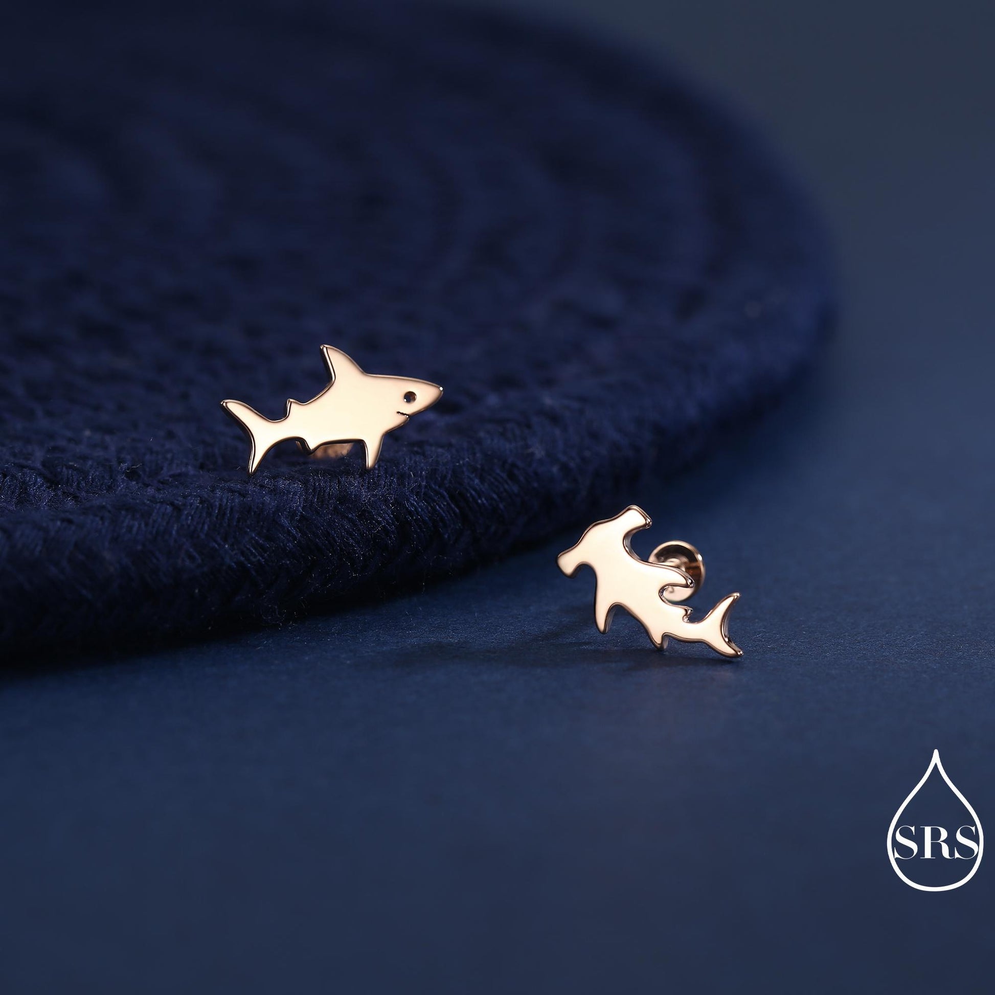 Mismatched Shark Stud Earrings in Sterling Silver, Silver or Gold or Rose Gold, Asymetric Shark and Hammerhead shark Earrings