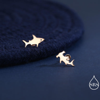 Mismatched Shark Stud Earrings in Sterling Silver, Silver or Gold or Rose Gold, Asymetric Shark and Hammerhead shark Earrings