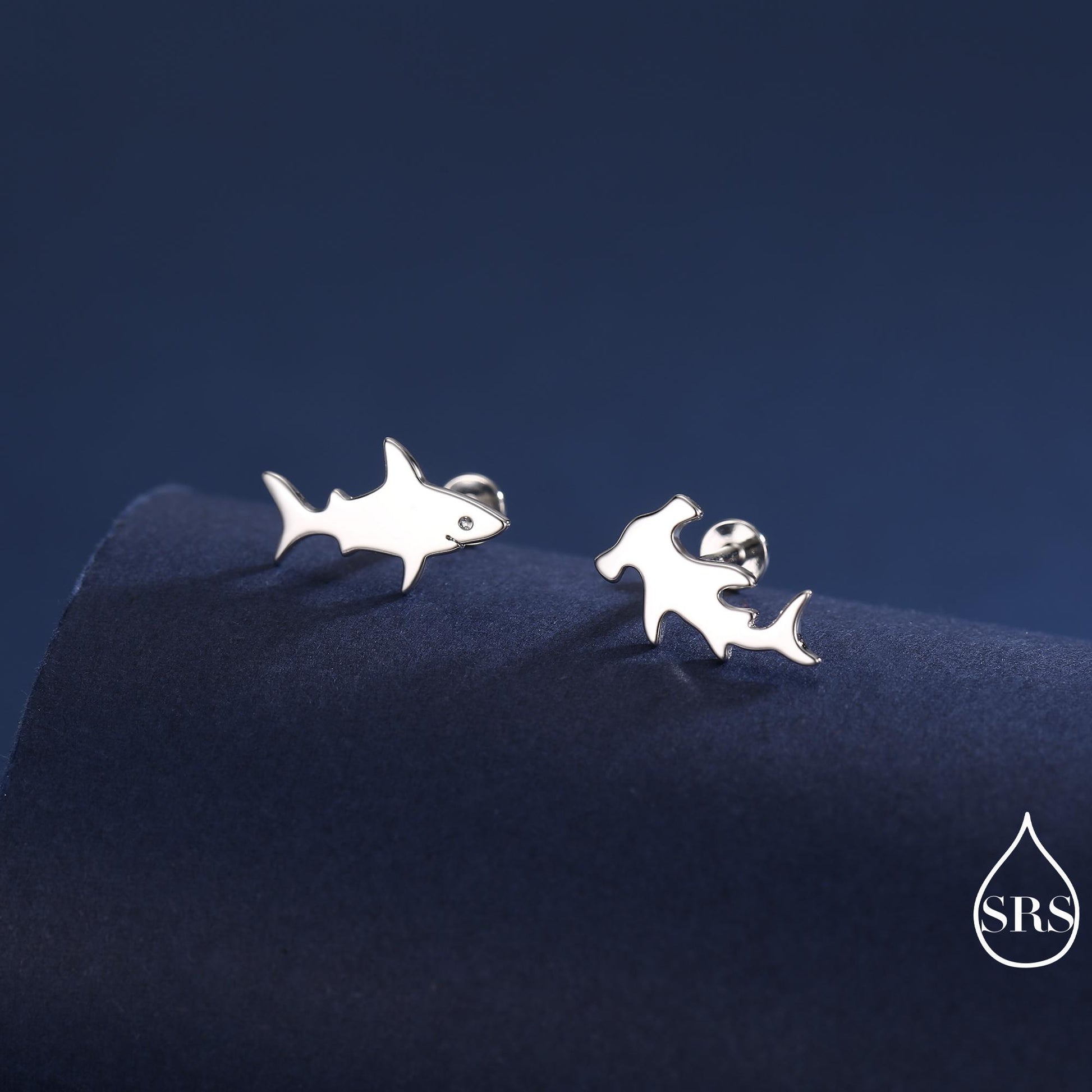 Mismatched Shark Stud Earrings in Sterling Silver, Silver or Gold or Rose Gold, Asymetric Shark and Hammerhead shark Earrings
