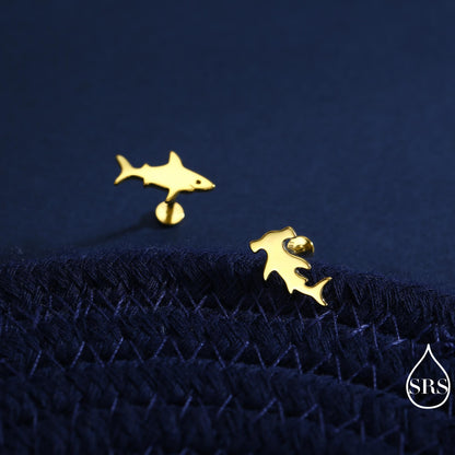 Mismatched Shark Stud Earrings in Sterling Silver, Silver or Gold or Rose Gold, Asymetric Shark and Hammerhead shark Earrings