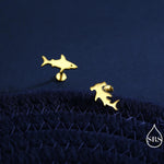 Mismatched Shark 16G Internally Threaded Flat Back Earrings in Sterling Silver, Animal Earrings