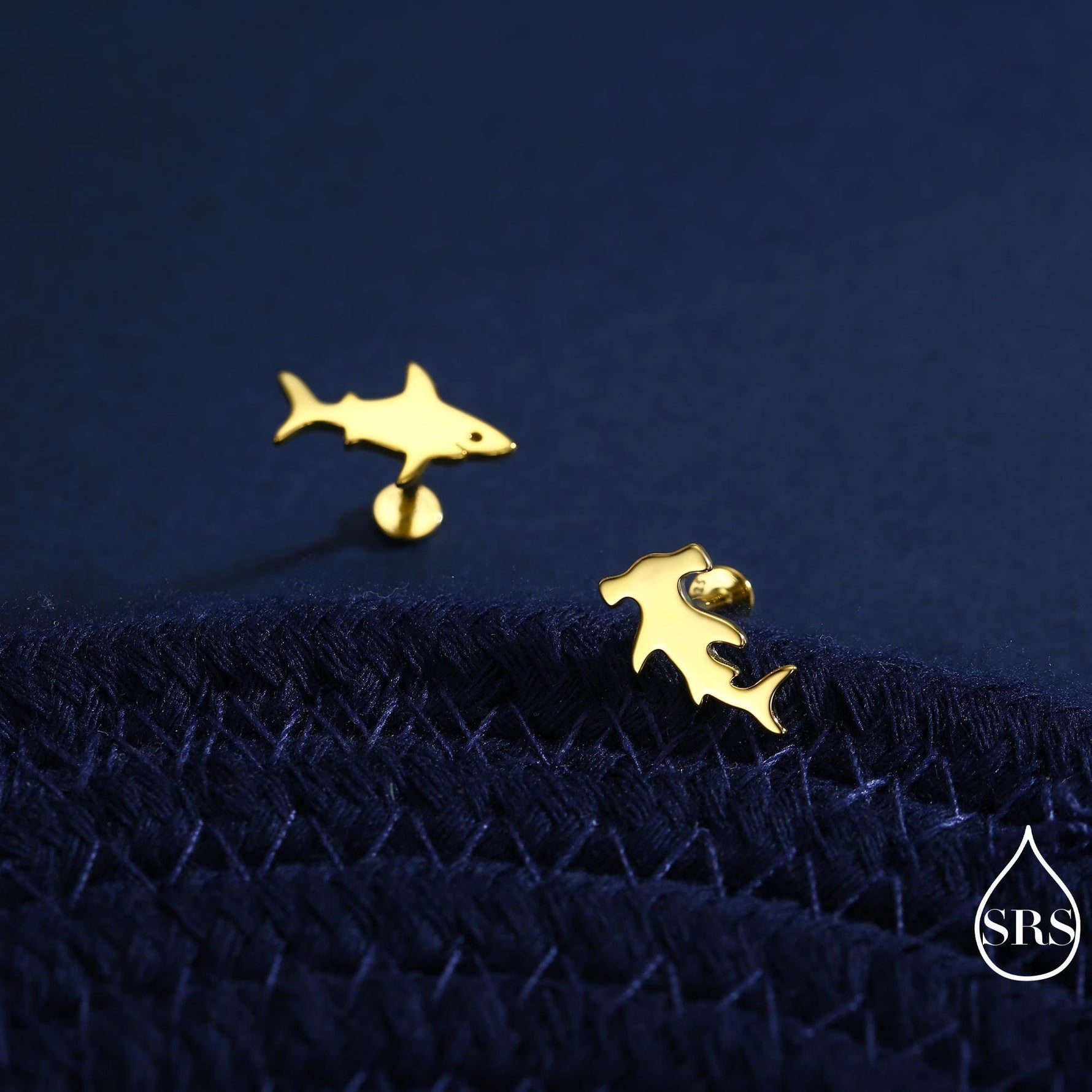 Mismatched Shark 16G Internally Threaded Flat Back Earrings in Sterling Silver, Animal Earrings